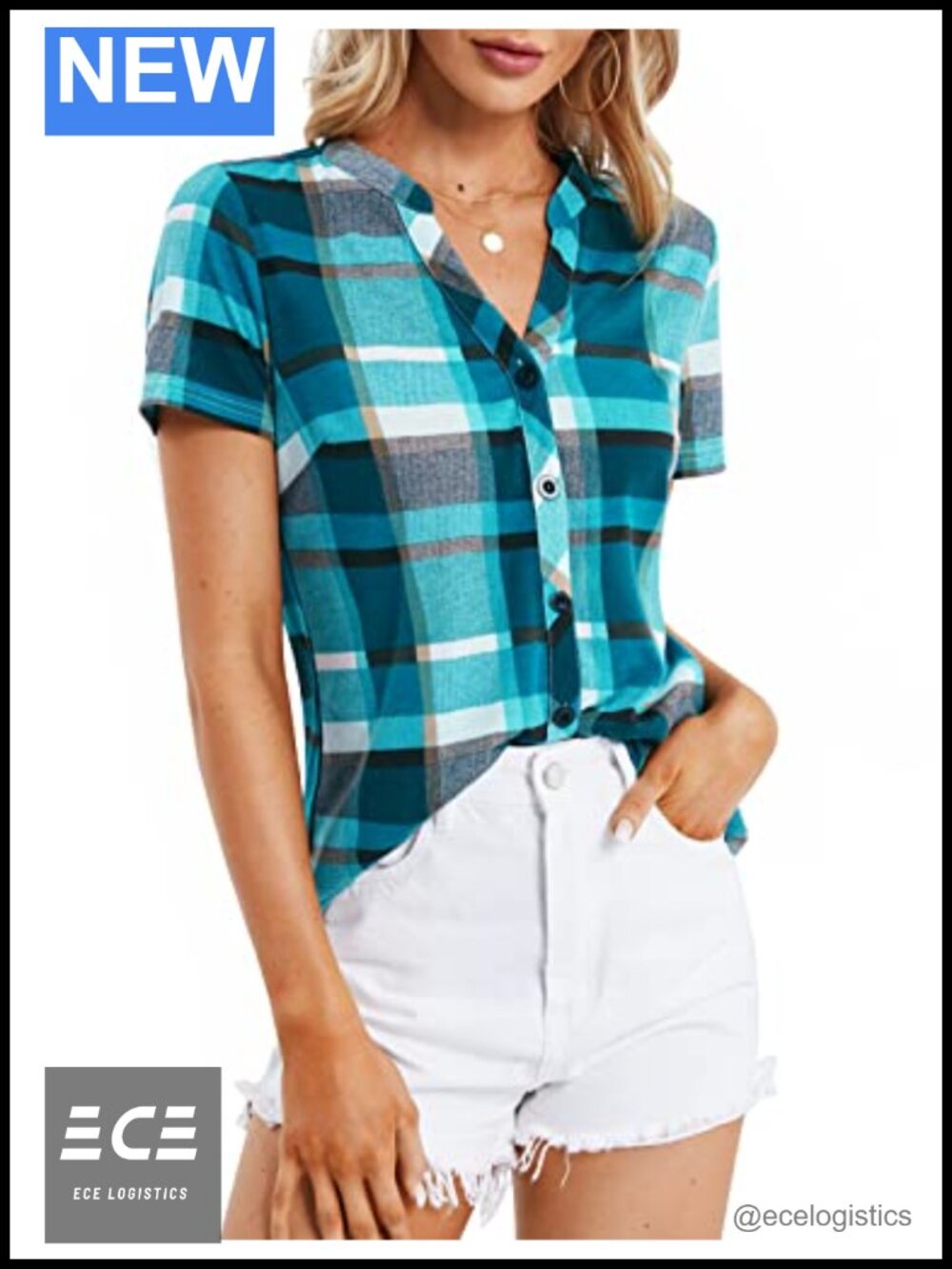 Womens Plaid Button Down Blouse Notch V Neck Short Sleeve Top